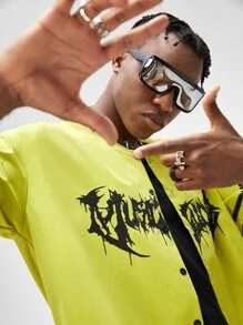 ROMWE MEN Guys Letter Graphic Contrast Trim Shirt - Lime Green - View 3