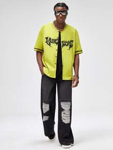 ROMWE MEN Guys Letter Graphic Contrast Trim Shirt - Lime Green - View 4