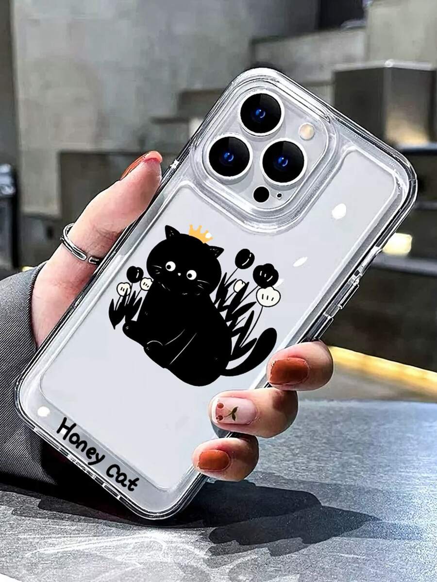Cartoon Cat Print Clear Phone Case - Black - View 1