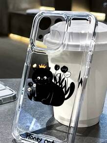 Cartoon Cat Print Clear Phone Case - Black - View 2