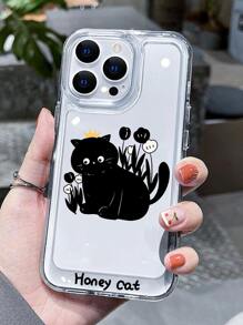Cartoon Cat Print Clear Phone Case - Black - View 3
