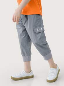 男孩字母圖案翻蓋口袋工裝七分褲 - 灰色 - 查看 1