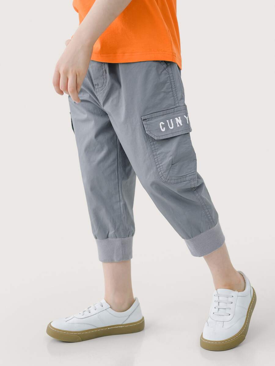 男孩字母圖案翻蓋口袋工裝七分褲 - 灰色 - 查看 1
