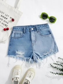 SHEIN Teen Girls Ripped Raw Hem Denim Shorts - Light Wash - View 1