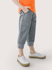 男孩字母圖案翻蓋口袋工裝七分褲 - 灰色 - 查看 4