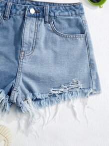 SHEIN Teen Girls Ripped Raw Hem Denim Shorts - Light Wash - View 3