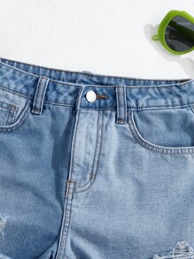 SHEIN Teen Girls Ripped Raw Hem Denim Shorts - Light Wash - View 5