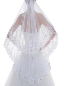 1件套新娘婚纱头纱，韩式蕾丝边饰亮片点缀白色婚纱头纱，秋季女装情人节配饰 - 白色 - 查看 1