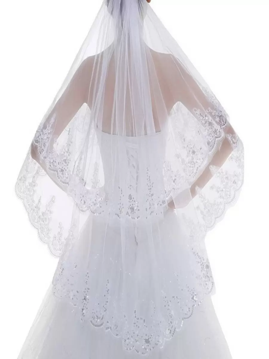 1件套新娘婚纱头纱，韩式蕾丝边饰亮片点缀白色婚纱头纱，秋季女装情人节配饰 - 白色 - 查看 1