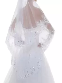 1件套新娘婚纱头纱，韩式蕾丝边饰亮片点缀白色婚纱头纱，秋季女装情人节配饰 - 白色 - 查看 2