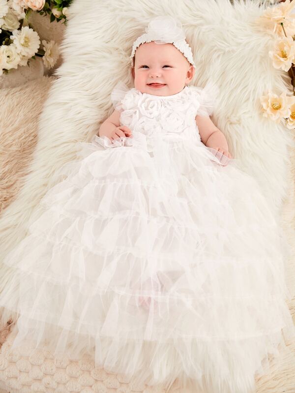 SHEIN Newborn Baby Floral Appliques Mesh Overlay Layered Dress With