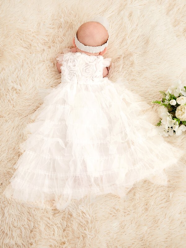 SHEIN Newborn Baby Floral Appliques Mesh Overlay Layered Dress With