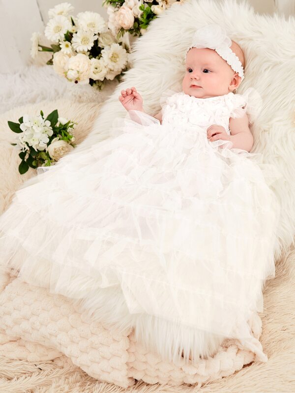 SHEIN Newborn Baby Floral Appliques Mesh Overlay Layered Dress With