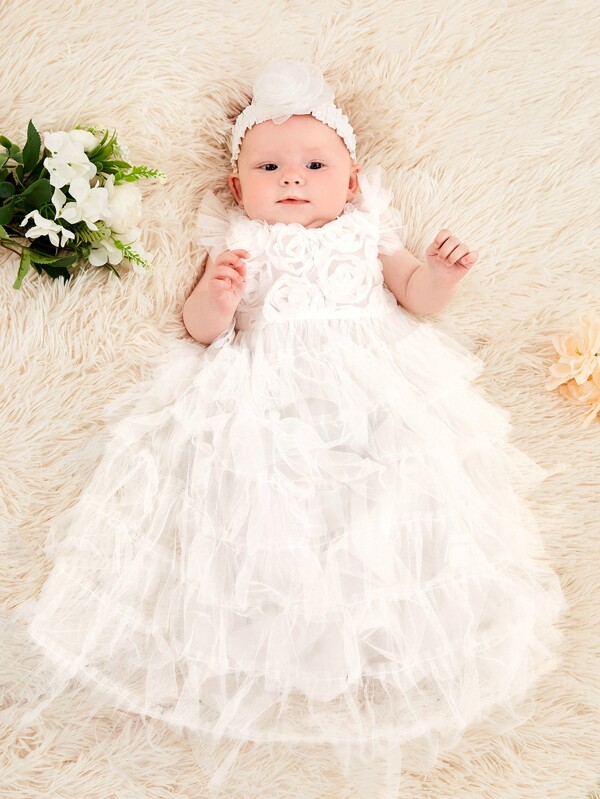 SHEIN Newborn Baby Floral Appliques Mesh Overlay Layered Dress With