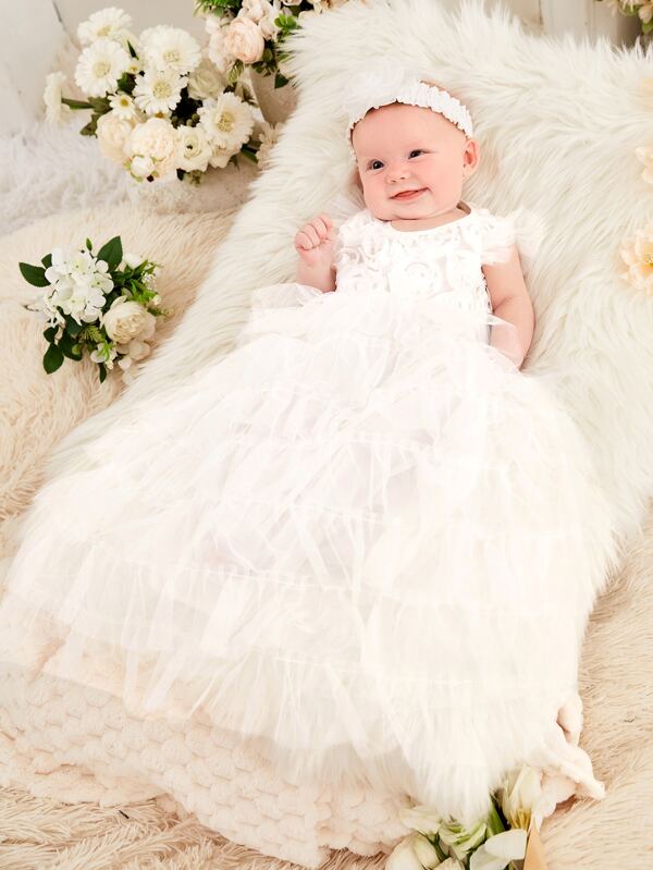 SHEIN Newborn Baby Floral Appliques Mesh Overlay Layered Dress With