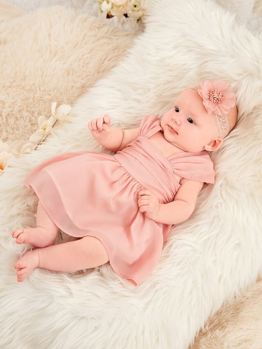 SHEIN Đứa bé gái Sơ sinh Xù Nơ phía sau Đầm Không có Dây buộc tóc - Màu Hồng  San hô - Xem 1