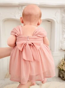 SHEIN Đứa bé gái Sơ sinh Xù Nơ phía sau Đầm Không có Dây buộc tóc - Màu Hồng  San hô - Xem 2