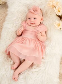 SHEIN Đứa bé gái Sơ sinh Xù Nơ phía sau Đầm Không có Dây buộc tóc - Màu Hồng  San hô - Xem 3