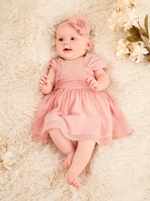 SHEIN Đứa bé gái Sơ sinh Xù Nơ phía sau Đầm Không có Dây buộc tóc - Màu Hồng  San hô - Xem 4