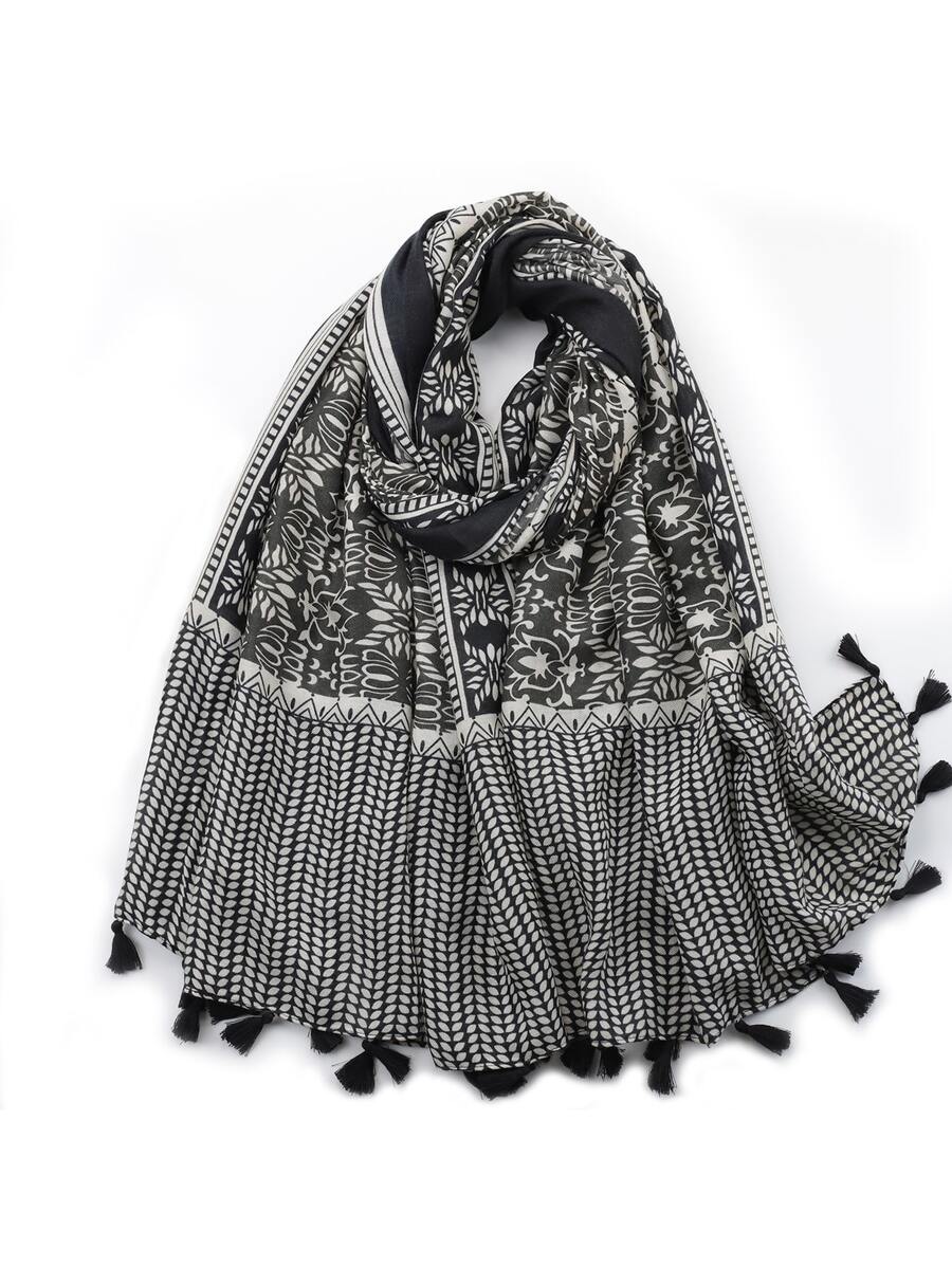 1pc Women Flower Pattern Tassel Decor Boho Scarf - Multicolor - View 1