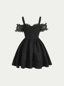 SHEIN MOD Cold Shoulder Contrast Mesh Dress - Black - View 2