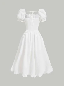 SHEIN MOD 胸部褶皺泡泡袖高低下擺連衣裙 - 白色 - 查看 2