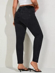 RueChic Plus Solid Zipper Fly Skinny Jeans - Dark Grey - View 2