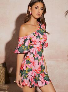 SHEIN VCAY 印花不對稱領荷葉邊連衣裙 - 彩色 - 查看 3