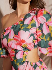 SHEIN VCAY 印花不對稱領荷葉邊連衣裙 - 彩色 - 查看 4