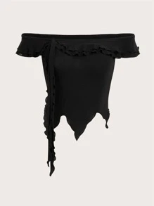 一字肩木耳邊不對稱下擺短款上衣 - 黑色 - 查看 1