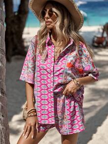 SHEIN VCAY Allover Print Drop Shoulder Shirt & Shorts - Multicolor - View 1