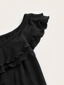 一字肩木耳邊不對稱下擺短款上衣 - 黑色 - 查看 3