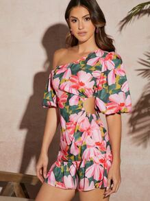 SHEIN VCAY 印花不對稱領荷葉邊連衣裙 - 彩色 - 查看 5