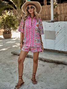 SHEIN VCAY Allover Print Drop Shoulder Shirt & Shorts - Multicolor - View 3