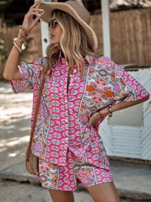 SHEIN VCAY Allover Print Drop Shoulder Shirt & Shorts - Multicolor - View 4