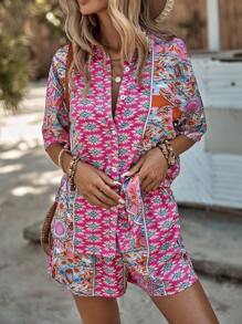 SHEIN VCAY Allover Print Drop Shoulder Shirt & Shorts - Multicolor - View 5