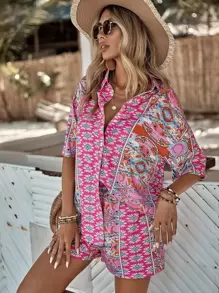 SHEIN VCAY Allover Print Drop Shoulder Shirt & Shorts - Multicolor - View 6