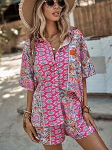 SHEIN VCAY Allover Print Drop Shoulder Shirt & Shorts - Multicolor - View 7