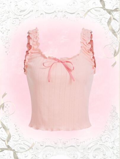 素色褶邊前打結背心上衣