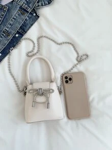 Túi đeo chéo Nữ Nơ Bướm màu trơn Chuỗi Tay cầm Top Đúng mốt Dễ thương - Màu be - Xem 5