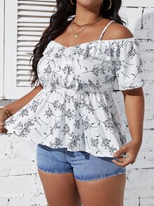 Plus Floral Print Cold Shoulder Peplum Tee - White - View 3