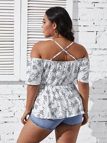 Plus Floral Print Cold Shoulder Peplum Tee - White - View 2