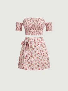 SHEIN MOD 印花露肩上衣和腰帶半身裙