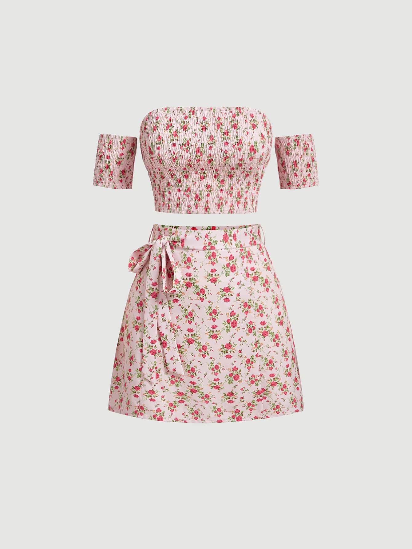 SHEIN MOD 印花露肩上衣和腰帶半身裙
