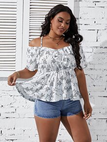 Plus Floral Print Cold Shoulder Peplum Tee - White - View 5