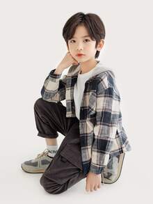 男孩格紋印花連帽襯衫