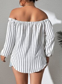 Celure 大碼條紋圖案一字肩前打結燈籠袖襯衫 - 白色 - 查看 2