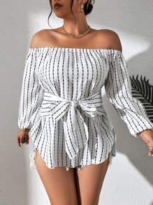 Celure 大碼條紋圖案一字肩前打結燈籠袖襯衫 - 白色 - 查看 3