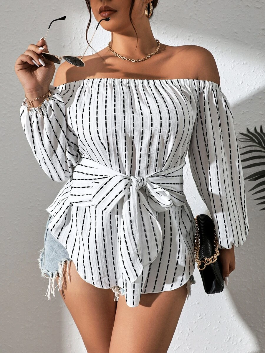 Celure Plus Striped Off Shoulder Knot Front Lantern Sleeve Blouse - White - View 1