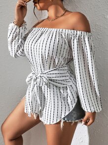 Celure 大碼條紋圖案一字肩前打結燈籠袖襯衫 - 白色 - 查看 4